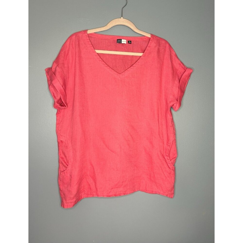 Saks Fifth Avenue Linen Top M Hot Pink Rolled Sleeves Pockets Boxy Lagenlook